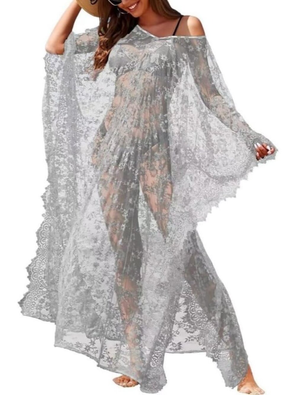 Women's Plus Size Sheer Lace Kimono Swimsuit Beach Cover Up-Z Grey